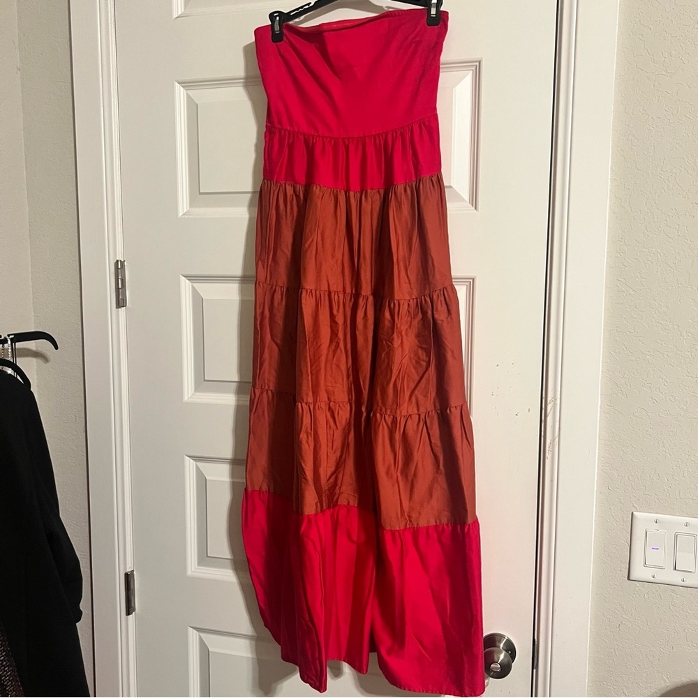 Forever 21 Red, Brown & Pink Strapless Maxi Dress